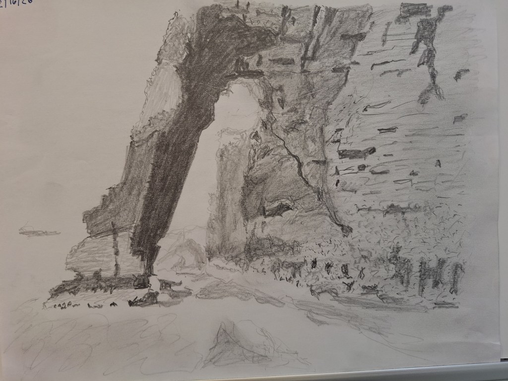Drawing of dark slate cliff arch. Graphite pencil on printer paper.
